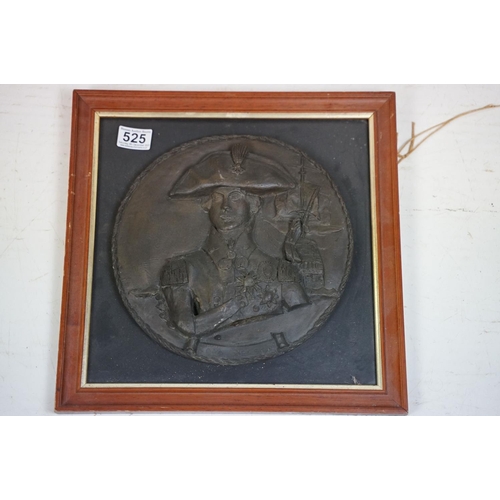 525 - Four bronzed resin relief-moulded plaques, comprising: Lord Nelson, 27cm diameter, The Mayflower 162... 