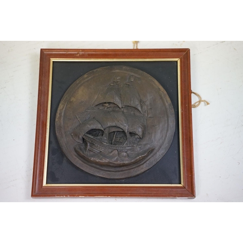 525 - Four bronzed resin relief-moulded plaques, comprising: Lord Nelson, 27cm diameter, The Mayflower 162... 