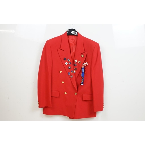 402 - Butlins red blazer jacket, size 36R, with Butlins buttons, name badge and 20 Butlins 1960's pin badg... 