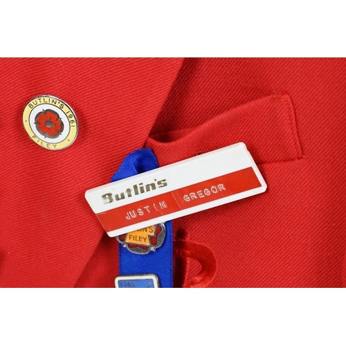 402 - Butlins red blazer jacket, size 36R, with Butlins buttons, name badge and 20 Butlins 1960's pin badg... 