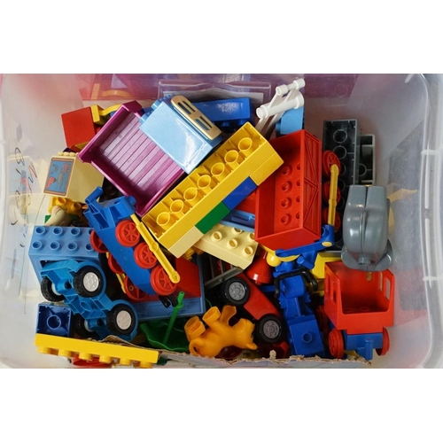 416 - Collection of assorted loose lego, duplo and paymobil across two boxes. Includes Lego arctic vehicle... 