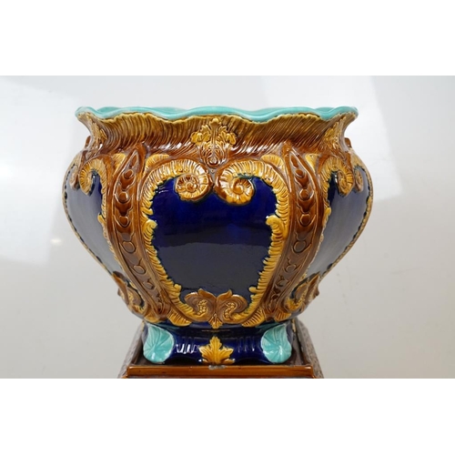 35 - Late 19th / early 20th century Wardle majolica jardiniere & stand, with relief moulded Acanthus leaf... 