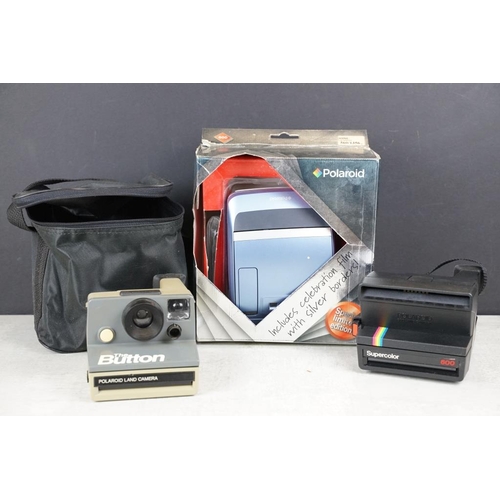 427 - Three polaroid cameras to include The Button Polaroid Land camera, 600 land camera supercolor and Po... 