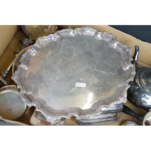 430 - Mixed silver plate to include a salver with cast decoration to border, chocolate pot, teapots, chees... 