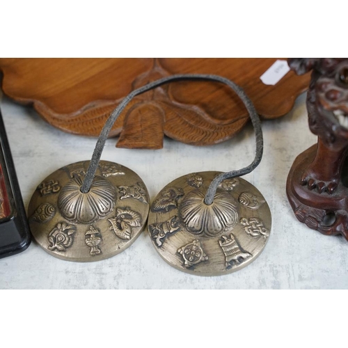 431 - Mixed collectables to include an eastern engraved copper teapot (33cm high), two Oriental octagonal ... 