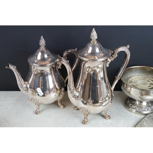 433 - Mixed silver plate to include a Viners four-piece tea set, candlestick, rose bowl, etc, plus a cased... 