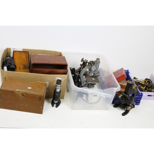 418 - Group of microscopes and slides to include a Beck London, part complete microscopes, Wray London bin... 