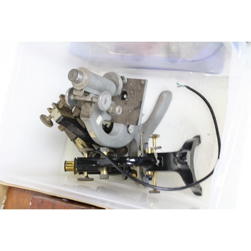 418 - Group of microscopes and slides to include a Beck London, part complete microscopes, Wray London bin... 