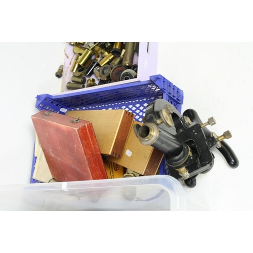 418 - Group of microscopes and slides to include a Beck London, part complete microscopes, Wray London bin... 