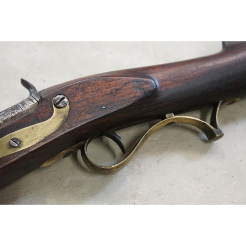 232 - Percussion cap muzzle loading rifle with short barrel and brass fittings, plus a shotgun case