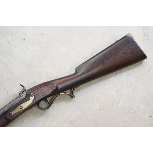 232 - Percussion cap muzzle loading rifle with short barrel and brass fittings, plus a shotgun case