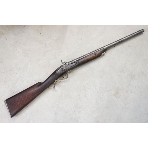 232 - Percussion cap muzzle loading rifle with short barrel and brass fittings, plus a shotgun case