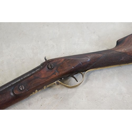 233 - Percussion cap muzzle loading rifle with long barrel and brass fittings, engraved with GR cypher