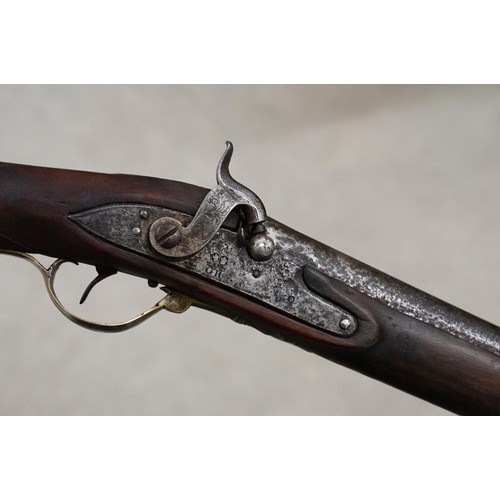 233 - Percussion cap muzzle loading rifle with long barrel and brass fittings, engraved with GR cypher