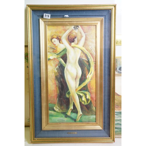 519 - Collection of assorted paintings and prints to include a framed nude figure painting, Degas print, E... 