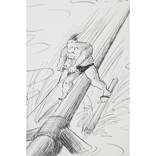 522 - Pen and ink sketch by Lahz depicting a water skiing cartoon together with an Indonesian print depict... 