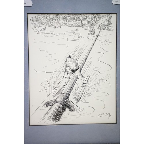 522 - Pen and ink sketch by Lahz depicting a water skiing cartoon together with an Indonesian print depict... 