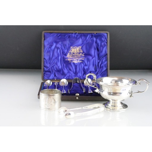 806 - James Dixon & Sons silver hallmarked teaspoon and sugar tongs set comprising six teaspoons and one p... 