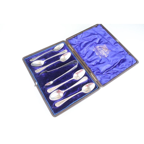 806 - James Dixon & Sons silver hallmarked teaspoon and sugar tongs set comprising six teaspoons and one p... 