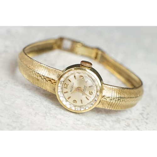 574 - Monvis 14ct yellow gold ladies wristwatch, circular dial, Arabic and baton numeral markers, integral... 