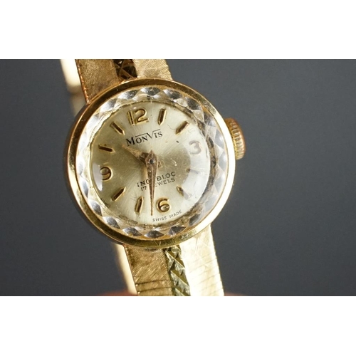 574 - Monvis 14ct yellow gold ladies wristwatch, circular dial, Arabic and baton numeral markers, integral... 