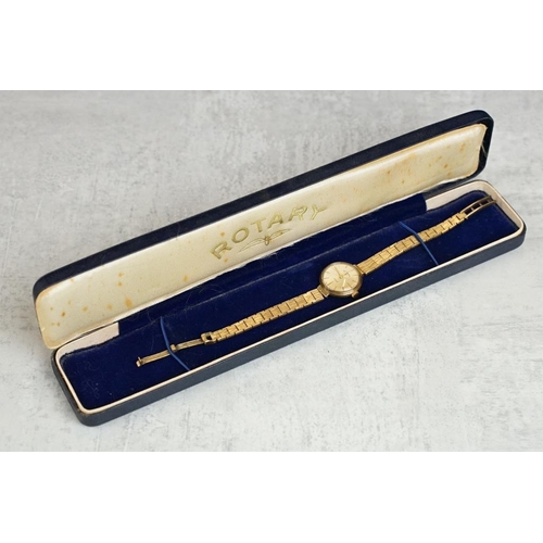 576 - Rotary 9ct yellow gold ladies wristwatch, circular dial, baton numeral markers, pencil hands, the st... 