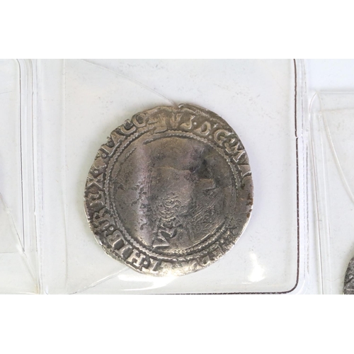 273 - A collection of six British King James I hammered silver coins to include a shilling, sixpence, 2 x ... 