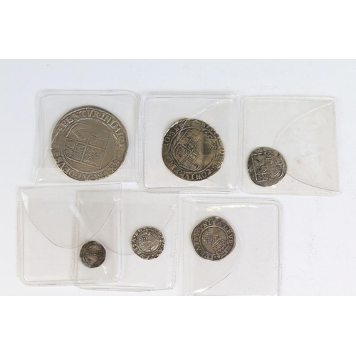 273 - A collection of six British King James I hammered silver coins to include a shilling, sixpence, 2 x ... 