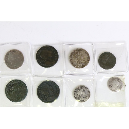 280 - A collection of eight British King William III early milled coins to include silver and copper examp... 