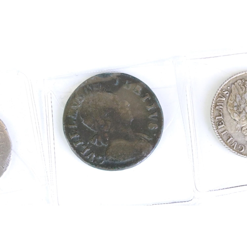 280 - A collection of eight British King William III early milled coins to include silver and copper examp... 