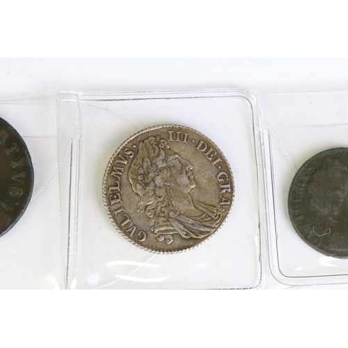 280 - A collection of eight British King William III early milled coins to include silver and copper examp... 