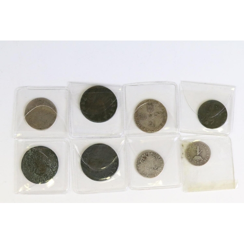 280 - A collection of eight British King William III early milled coins to include silver and copper examp... 