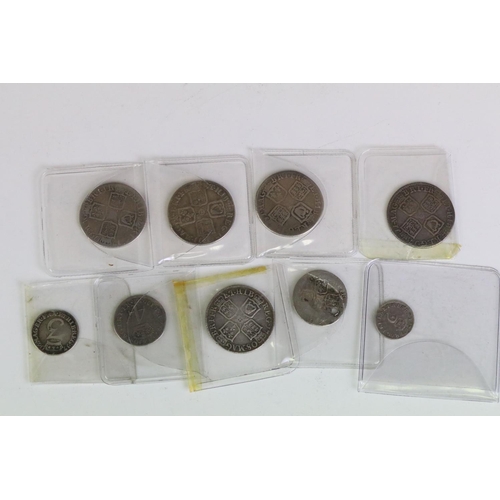 283 - A collection of British Queen Anne early milled silver coins to include shillings, four pence (Maund... 