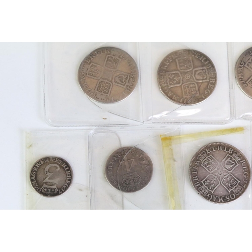 283 - A collection of British Queen Anne early milled silver coins to include shillings, four pence (Maund... 