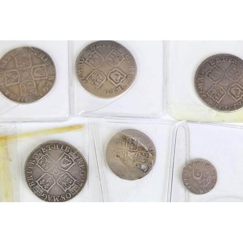 283 - A collection of British Queen Anne early milled silver coins to include shillings, four pence (Maund... 