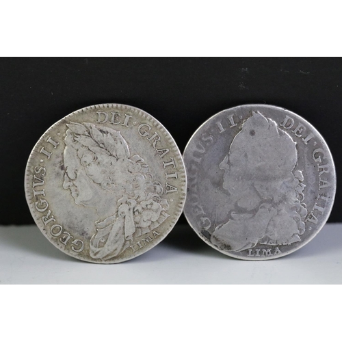 285 - Two British King George II 1746 early milled silver half crown coins.