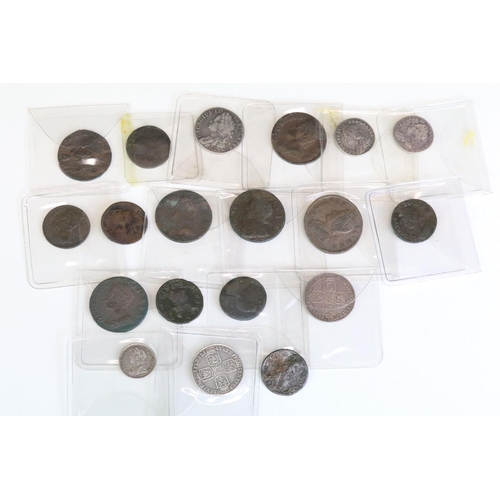 286 - A collection of nineteen King George II early milled silver and copper coins to include sixpence, sh... 