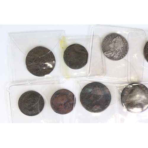 286 - A collection of nineteen King George II early milled silver and copper coins to include sixpence, sh... 