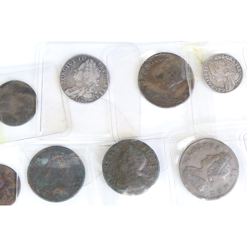 286 - A collection of nineteen King George II early milled silver and copper coins to include sixpence, sh... 