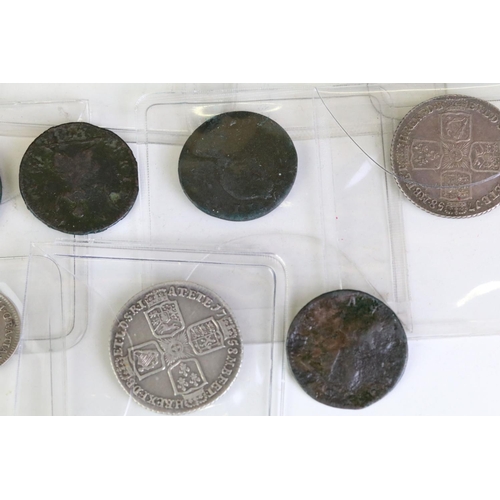 286 - A collection of nineteen King George II early milled silver and copper coins to include sixpence, sh... 