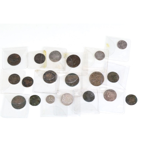 286 - A collection of nineteen King George II early milled silver and copper coins to include sixpence, sh... 