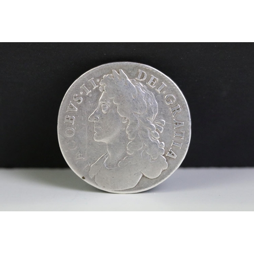 287 - A British King James II 1686 early milled silver half crown coin.