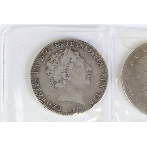 289 - Two British King George III 1818 early milled full crown coins.