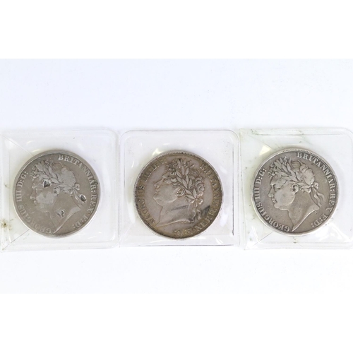 292 - A collection of three British King George IIII early milled silver full crown coins to include 2 x 1... 