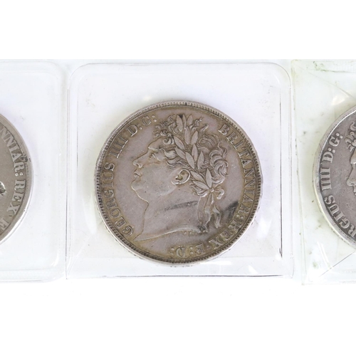 292 - A collection of three British King George IIII early milled silver full crown coins to include 2 x 1... 