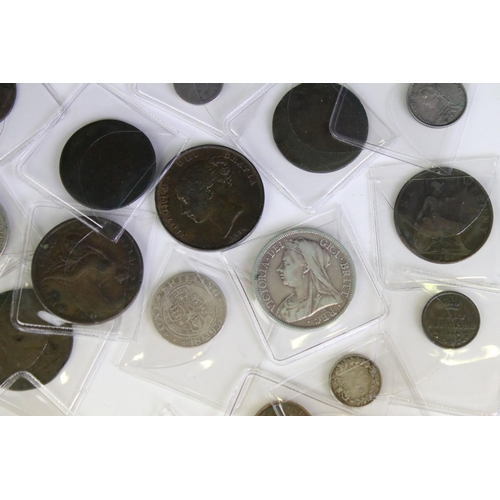 300 - A collection of British Queen Victoria silver and copper coins to include half crown, florin, shilli... 