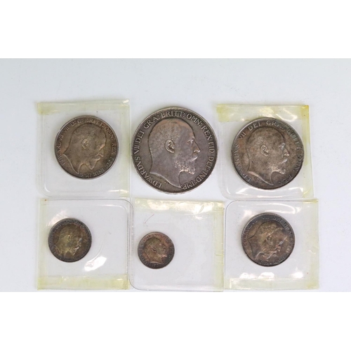 303 - A collection of six British King Edward VII 1902 silver coins to include Crown, Half Crown, Florin, ... 