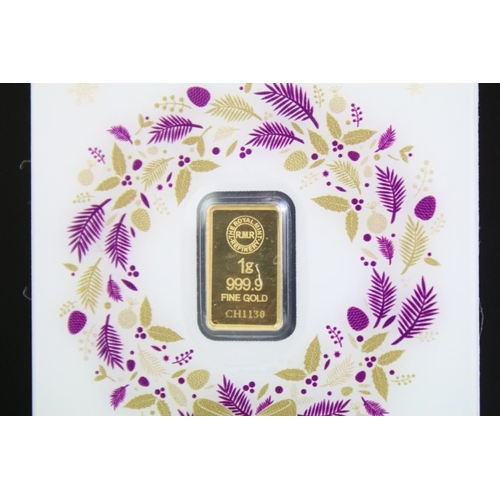 233 - A United Kingdom Royal Mint Christmas 2019 1g 999.9 fine gold bullion ingot.