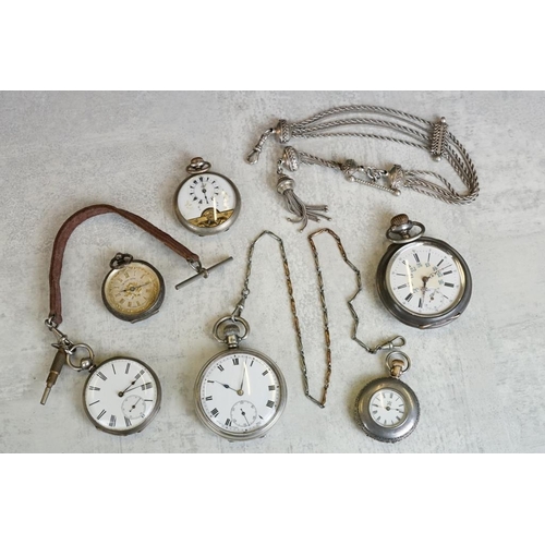 610 - Collection of pocket watches and fob watches to include a silver open face top wind pocket watch; a ... 