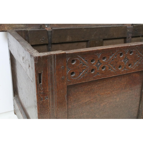 679 - 18th / 19th century Walnut Coffer, the two panel front with carved frieze, 48cm high x 104cm long x ... 